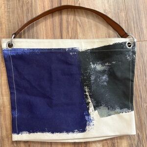 Banana Republic Canvas Tote Cream‎ Blue Black Paint Blocks Magnetic Closure New